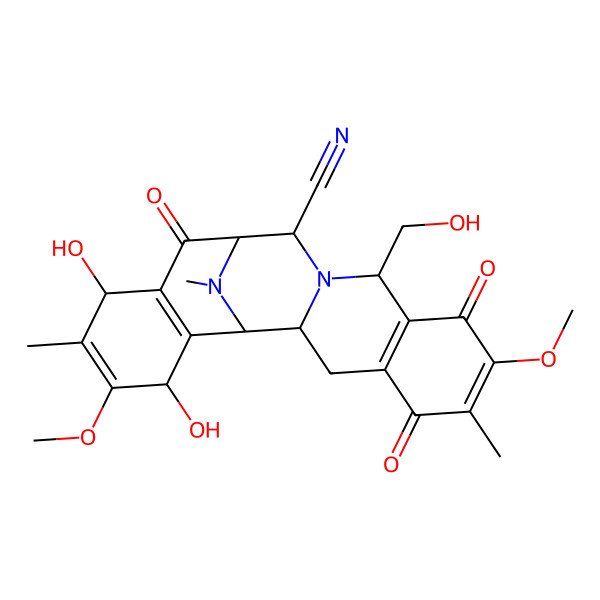 2D Structure of (1R,2S,10R,12R,13R,16S,19S)-16,19-dihydroxy-10-(hydroxymethyl)-7,18-dimethoxy-6,17,21-trimethyl-5,8,14-trioxo-11,21-diazapentacyclo[11.7.1.02,11.04,9.015,20]henicosa-4(9),6,15(20),17-tetraene-12-carbonitrile