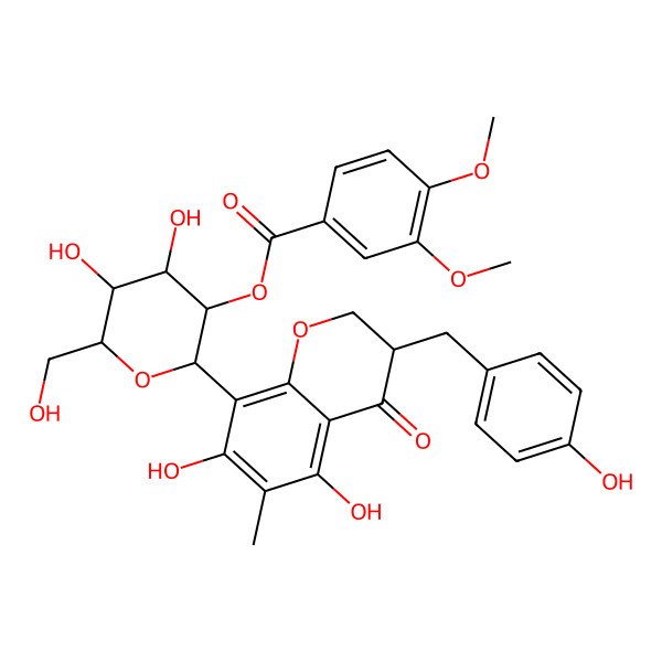 2D Structure of [2-[5,7-Dihydroxy-3-[(4-hydroxyphenyl)methyl]-6-methyl-4-oxo-2,3-dihydrochromen-8-yl]-4,5-dihydroxy-6-(hydroxymethyl)oxan-3-yl] 3,4-dimethoxybenzoate