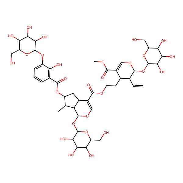 2D Structure of 2-[(2S,3R,4S)-3-ethenyl-5-methoxycarbonyl-2-[(2S,3R,4S,5S,6R)-3,4,5-trihydroxy-6-(hydroxymethyl)oxan-2-yl]oxy-3,4-dihydro-2H-pyran-4-yl]ethyl (1S,4aS,6S,7R,7aS)-6-[2-hydroxy-3-[(2S,3R,4S,5S,6R)-3,4,5-trihydroxy-6-(hydroxymethyl)oxan-2-yl]oxybenzoyl]oxy-7-methyl-1-[(2S,3R,4S,5S,6R)-3,4,5-trihydroxy-6-(hydroxymethyl)oxan-2-yl]oxy-1,4a,5,6,7,7a-hexahydrocyclopenta[c]pyran-4-carboxylate