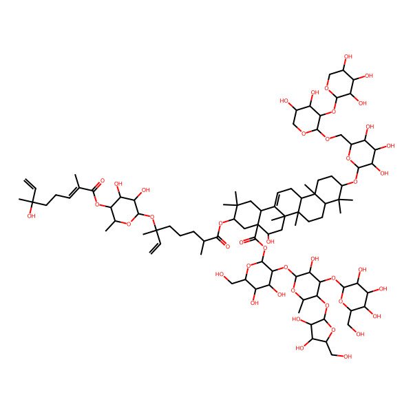 2D Structure of [(2S,3R,4S,5S,6R)-3-[(2R,3R,4S,5S,6S)-5-[(2S,3R,4R,5S)-3,4-dihydroxy-5-(hydroxymethyl)oxolan-2-yl]oxy-3-hydroxy-6-methyl-4-[(2S,3R,4S,5S,6R)-3,4,5-trihydroxy-6-(hydroxymethyl)oxan-2-yl]oxyoxan-2-yl]oxy-4,5-dihydroxy-6-(hydroxymethyl)oxan-2-yl] (3S,4aR,5R,6aR,6aS,6bR,8aR,10S,12aR,14bS)-3-[(2S,6S)-6-[(2S,3R,4R,5S,6R)-3,4-dihydroxy-5-[(2E,6S)-6-hydroxy-2,6-dimethylocta-2,7-dienoyl]oxy-6-methyloxan-2-yl]oxy-2,6-dimethyloct-7-enoyl]oxy-10-[(2R,3R,4S,5S,6R)-6-[[(2S,3R,4S,5S)-4,5-dihydroxy-3-[(2S,3R,4S,5R)-3,4,5-trihydroxyoxan-2-yl]oxyoxan-2-yl]oxymethyl]-3,4,5-trihydroxyoxan-2-yl]oxy-5-hydroxy-2,2,6a,6b,9,9,12a-heptamethyl-1,3,4,5,6,6a,7,8,8a,10,11,12,13,14b-tetradecahydropicene-4a-carboxylate