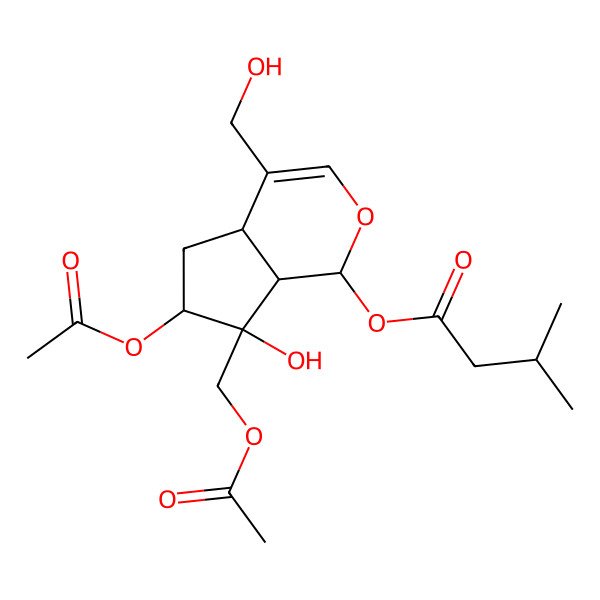2D Structure of [(1S,4aS,6S,7R,7aS)-6-acetyloxy-7-(acetyloxymethyl)-7-hydroxy-4-(hydroxymethyl)-4a,5,6,7a-tetrahydro-1H-cyclopenta[c]pyran-1-yl] 3-methylbutanoate