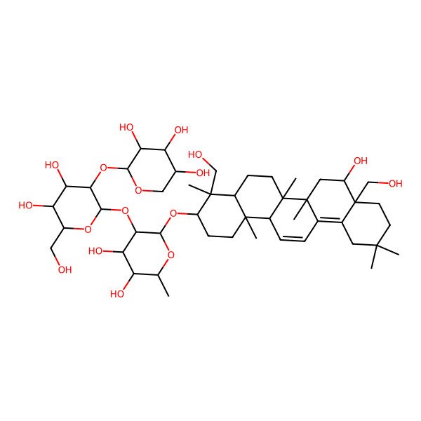 2D Structure of (2S,3R,4S,5R)-2-[(2S,3R,4S,5S,6R)-2-[(2R,3R,4S,5R,6R)-2-[[(3S,4R,4aR,6aR,6bS,8R,8aS,14aR,14bS)-8-hydroxy-4,8a-bis(hydroxymethyl)-4,6a,6b,11,11,14b-hexamethyl-1,2,3,4a,5,6,7,8,9,10,12,14a-dodecahydropicen-3-yl]oxy]-4,5-dihydroxy-6-methyloxan-3-yl]oxy-4,5-dihydroxy-6-(hydroxymethyl)oxan-3-yl]oxyoxane-3,4,5-triol