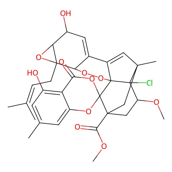 2D Structure of Methyl 18'-chloro-5,8'-dihydroxy-17'-methoxy-7,13'-dimethyl-5'-(3-methylbut-2-enyl)-4-oxospiro[1,3-benzodioxine-2,19'-2,3,6-trioxahexacyclo[13.3.1.01,11.04,10.05,7.013,18]nonadeca-9,11-diene]-15'-carboxylate