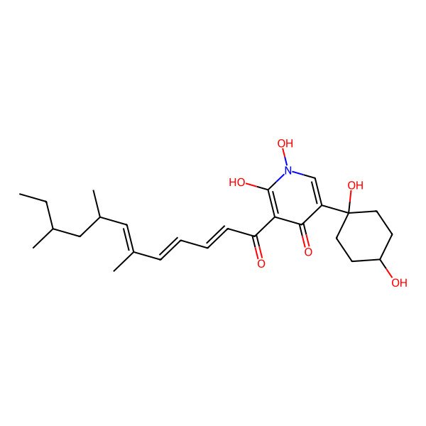 2D Structure of 5-(1,4-dihydroxycyclohexyl)-1,2-dihydroxy-3-[(2E,4E,6E,8R,10R)-6,8,10-trimethyldodeca-2,4,6-trienoyl]pyridin-4-one