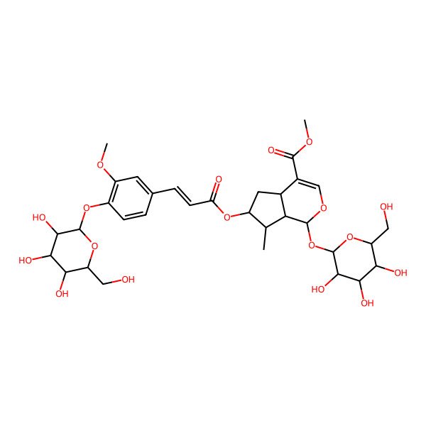 2D Structure of Methyl 6-[3-[3-methoxy-4-[3,4,5-trihydroxy-6-(hydroxymethyl)oxan-2-yl]oxyphenyl]prop-2-enoyloxy]-7-methyl-1-[3,4,5-trihydroxy-6-(hydroxymethyl)oxan-2-yl]oxy-1,4a,5,6,7,7a-hexahydrocyclopenta[c]pyran-4-carboxylate