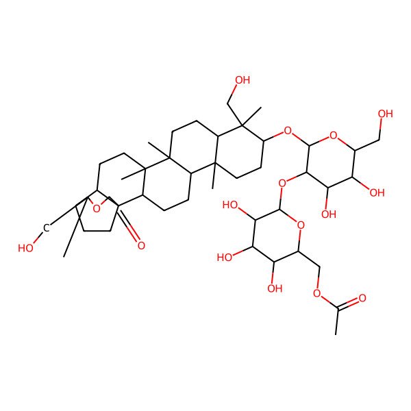 2D Structure of [(2R,3S,4S,5R,6S)-6-[(2R,3R,4S,5S,6R)-2-[[(1R,2S,5R,6R,9S,10S,11R,14R,15R,18S,19S,20R)-10,20-bis(hydroxymethyl)-6,10,14,15,20-pentamethyl-22-oxo-21-oxahexacyclo[17.3.2.01,18.02,15.05,14.06,11]tetracosan-9-yl]oxy]-4,5-dihydroxy-6-(hydroxymethyl)oxan-3-yl]oxy-3,4,5-trihydroxyoxan-2-yl]methyl acetate
