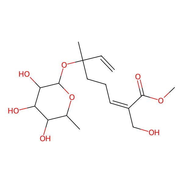 2D Structure of methyl (2E,6S)-2-(hydroxymethyl)-6-methyl-6-[(2S,3R,4S,5S,6R)-3,4,5-trihydroxy-6-methyloxan-2-yl]oxyocta-2,7-dienoate