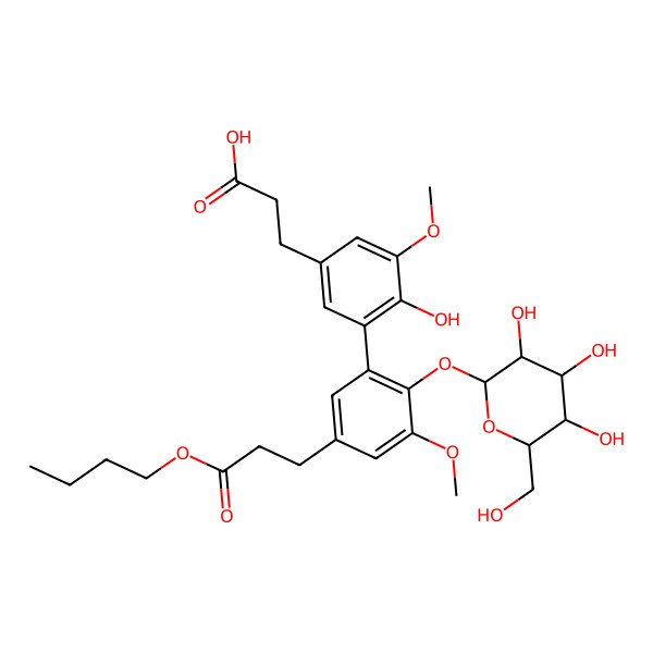 2D Structure of 3-[3-[5-(3-Butoxy-3-oxopropyl)-3-methoxy-2-[3,4,5-trihydroxy-6-(hydroxymethyl)oxan-2-yl]oxyphenyl]-4-hydroxy-5-methoxyphenyl]propanoic acid