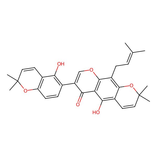 2D Structure of 5-Hydroxy-7-(5-hydroxy-2,2-dimethylchromen-6-yl)-2,2-dimethyl-10-(3-methylbut-2-enyl)pyrano[3,2-g]chromen-6-one
