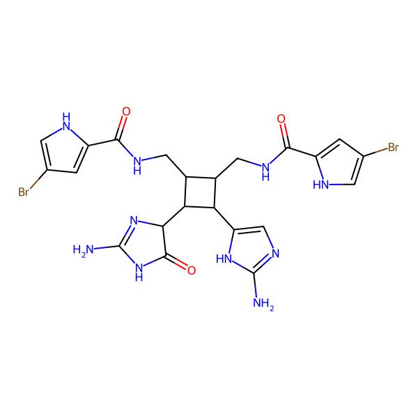 2D Structure of N-[[(1R,2S,3S,4R)-3-(2-amino-1H-imidazol-5-yl)-2-(2-amino-5-oxo-1,4-dihydroimidazol-4-yl)-4-[[(4-bromo-1H-pyrrole-2-carbonyl)amino]methyl]cyclobutyl]methyl]-4-bromo-1H-pyrrole-2-carboxamide