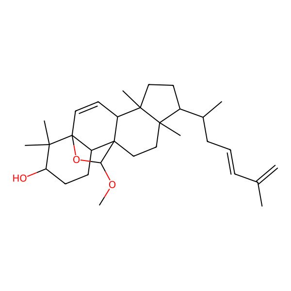 2D Structure of (1S,4S,5S,8R,9R,12S,13S,16S,19R)-19-methoxy-5,9,17,17-tetramethyl-8-[(2R,4E)-6-methylhepta-4,6-dien-2-yl]-18-oxapentacyclo[10.5.2.01,13.04,12.05,9]nonadec-2-en-16-ol