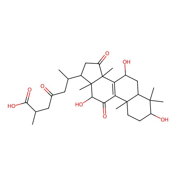 2D Structure of 2-methyl-4-oxo-6-[(3S,5R,7S,10S,12S,13R,14R,17R)-3,7,12-trihydroxy-4,4,10,13,14-pentamethyl-11,15-dioxo-2,3,5,6,7,12,16,17-octahydro-1H-cyclopenta[a]phenanthren-17-yl]heptanoic acid