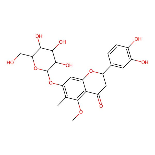 2D Structure of 4H-1-Benzopyran-4-one, 2-(3,4-dihydroxyphenyl)-7-(beta-D-glucopyranosyloxy)-2,3-dihydro-5-methoxy-6-methyl-, (S)-