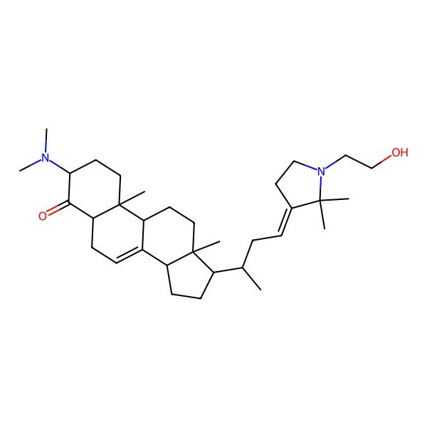 2D Structure of 3-(Dimethylamino)-17-[4-[1-(2-hydroxyethyl)-2,2-dimethylpyrrolidin-3-ylidene]butan-2-yl]-10,13-dimethyl-1,2,3,5,6,9,11,12,14,15,16,17-dodecahydrocyclopenta[a]phenanthren-4-one