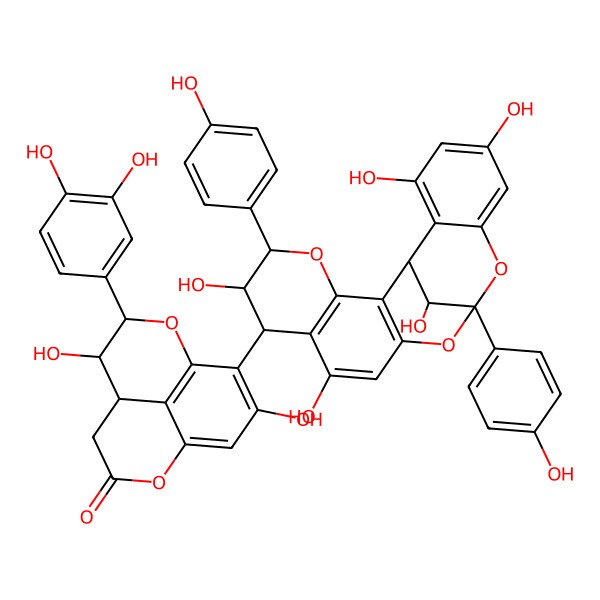 2D Structure of 7-(3,4-Dihydroxyphenyl)-6,11-dihydroxy-10-[6,9,17,19,21-pentahydroxy-5,13-bis(4-hydroxyphenyl)-4,12,14-trioxapentacyclo[11.7.1.02,11.03,8.015,20]henicosa-2(11),3(8),9,15,17,19-hexaen-7-yl]-2,8-dioxatricyclo[7.3.1.05,13]trideca-1(13),9,11-trien-3-one