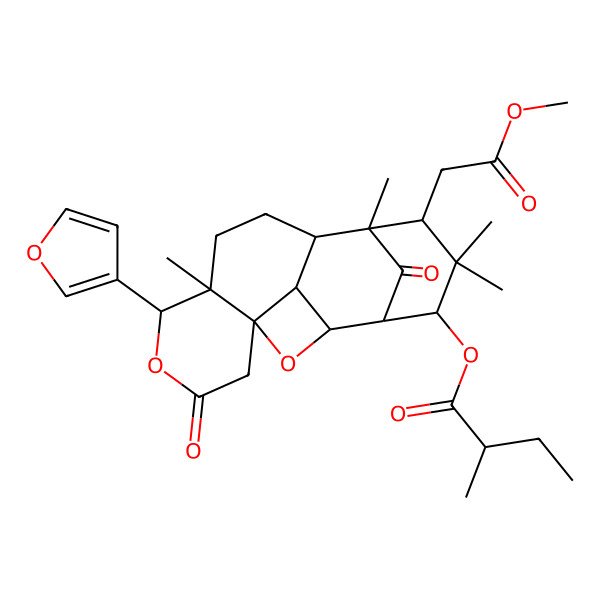 2D Structure of [(1R,3S,4S,5R,7S,8R,9R,12S,13S,17S)-13-(furan-3-yl)-7-(2-methoxy-2-oxoethyl)-6,6,8,12-tetramethyl-15,18-dioxo-2,14-dioxapentacyclo[7.7.1.14,8.01,12.03,17]octadecan-5-yl] (2R)-2-methylbutanoate