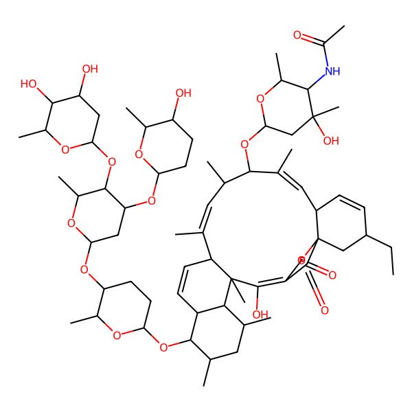 2D Structure of N-[6-[[17-[5-[5-(4,5-dihydroxy-6-methyloxan-2-yl)oxy-4-(5-hydroxy-6-methyloxan-2-yl)oxy-6-methyloxan-2-yl]oxy-6-methyloxan-2-yl]oxy-3-ethyl-23-hydroxy-8,10,12,18,20,22-hexamethyl-25,27-dioxo-26-oxapentacyclo[22.2.1.01,6.013,22.016,21]heptacosa-4,7,11,14,23-pentaen-9-yl]oxy]-4-hydroxy-2,4-dimethyloxan-3-yl]acetamide