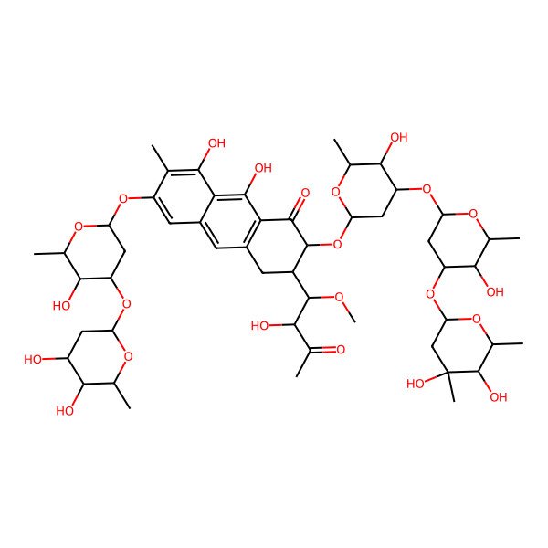 2D Structure of 2-[4-[4-(4,5-dihydroxy-4,6-dimethyloxan-2-yl)oxy-5-hydroxy-6-methyloxan-2-yl]oxy-5-hydroxy-6-methyloxan-2-yl]oxy-6-[4-(4,5-dihydroxy-6-methyloxan-2-yl)oxy-5-hydroxy-6-methyloxan-2-yl]oxy-8,9-dihydroxy-3-(2-hydroxy-1-methoxy-3-oxobutyl)-7-methyl-3,4-dihydro-2H-anthracen-1-one
