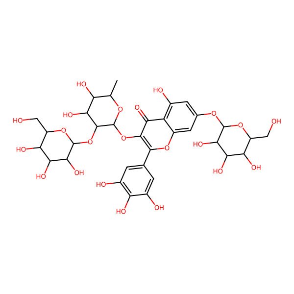 2D Structure of 3-[(2S,3S,4R,5R,6S)-4,5-dihydroxy-6-methyl-3-[(2S,3R,4S,5S,6S)-3,4,5-trihydroxy-6-(hydroxymethyl)oxan-2-yl]oxyoxan-2-yl]oxy-5-hydroxy-7-[(2S,3S,4S,5S,6S)-3,4,5-trihydroxy-6-(hydroxymethyl)oxan-2-yl]oxy-2-(3,4,5-trihydroxyphenyl)chromen-4-one