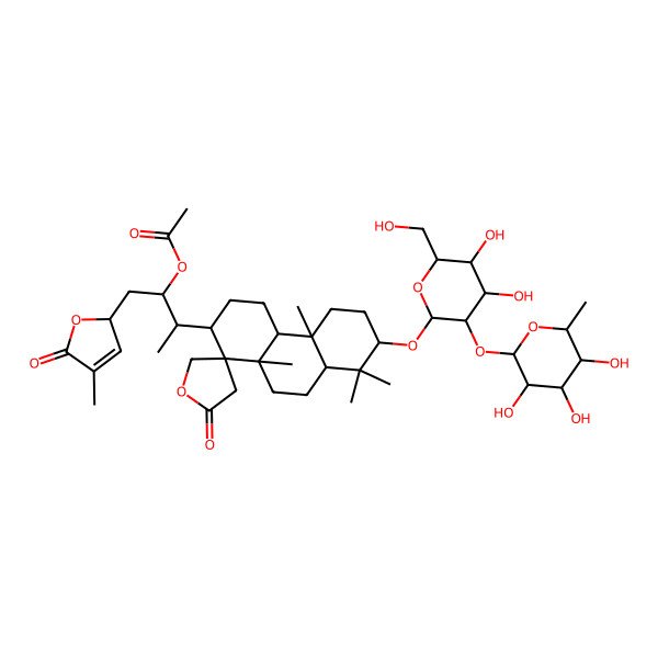 2D Structure of [(2S,3R)-3-[(1S,2R,4aR,4bR,7S,8aS,10aR)-7-[(2R,3R,4S,5S,6R)-4,5-dihydroxy-6-(hydroxymethyl)-3-[(2S,3R,4R,5R,6S)-3,4,5-trihydroxy-6-methyloxan-2-yl]oxyoxan-2-yl]oxy-4b,8,8,10a-tetramethyl-2'-oxospiro[2,3,4,4a,5,6,7,8a,9,10-decahydrophenanthrene-1,4'-oxolane]-2-yl]-1-[(2R)-4-methyl-5-oxo-2H-furan-2-yl]butan-2-yl] acetate