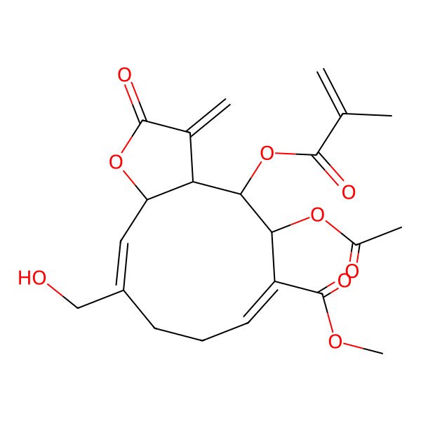 2D Structure of methyl (3aR,4S,5R,6E,10Z,11aS)-5-acetyloxy-10-(hydroxymethyl)-3-methylidene-4-(2-methylprop-2-enoyloxy)-2-oxo-3a,4,5,8,9,11a-hexahydrocyclodeca[b]furan-6-carboxylate