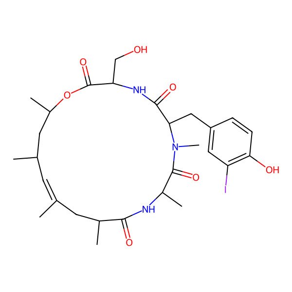 2D Structure of (3S,6R,9S,12R,14E,16S,18R)-6-[(4-hydroxy-3-iodophenyl)methyl]-3-(hydroxymethyl)-7,9,12,14,16,18-hexamethyl-1-oxa-4,7,10-triazacyclooctadec-14-ene-2,5,8,11-tetrone