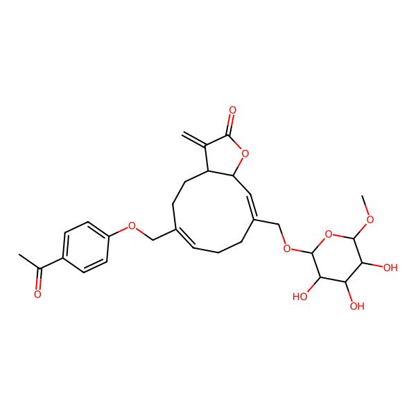 2D Structure of (3aS,6Z,10Z,11aR)-6-[(4-acetylphenoxy)methyl]-3-methylidene-10-[[(2S,3S,4R,5R,6R)-3,4,5-trihydroxy-6-methoxyoxan-2-yl]oxymethyl]-3a,4,5,8,9,11a-hexahydrocyclodeca[b]furan-2-one