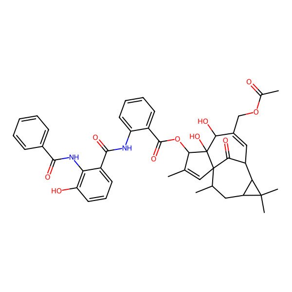 2D Structure of [(1S,4S,5S,6R,9S,10R,12R,14R)-7-(acetyloxymethyl)-5,6-dihydroxy-3,11,11,14-tetramethyl-15-oxo-4-tetracyclo[7.5.1.01,5.010,12]pentadeca-2,7-dienyl] 2-[(2-benzamido-3-hydroxybenzoyl)amino]benzoate