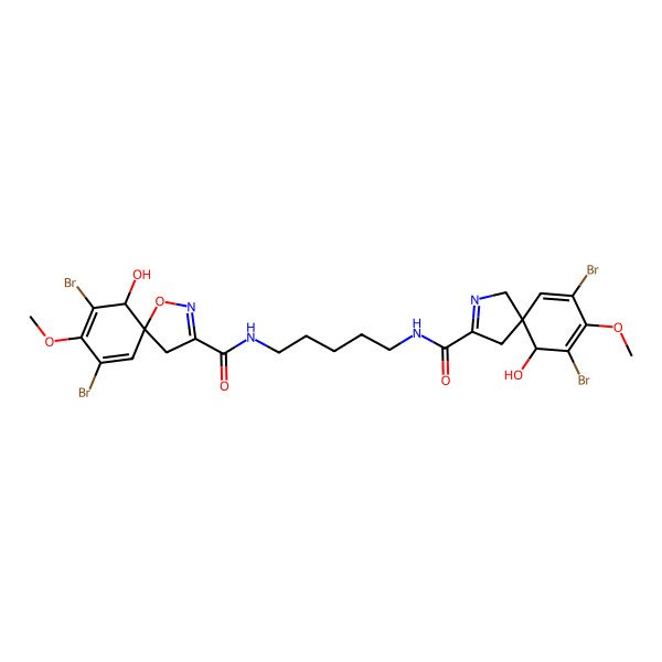 2D Structure of 7,9-dibromo-N-[5-[(7,9-dibromo-10-hydroxy-8-methoxy-2-azaspiro[4.5]deca-2,6,8-triene-3-carbonyl)amino]pentyl]-6-hydroxy-8-methoxy-1-oxa-2-azaspiro[4.5]deca-2,7,9-triene-3-carboxamide