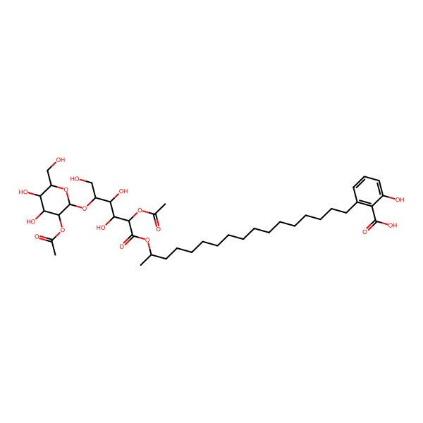2D Structure of 2-[16-[2-Acetyloxy-5-[3-acetyloxy-4,5-dihydroxy-6-(hydroxymethyl)oxan-2-yl]oxy-3,4,6-trihydroxyhexanoyl]oxyheptadecyl]-6-hydroxybenzoic acid