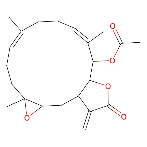 2D Structure of (5,9,13-Trimethyl-18-methylidene-17-oxo-4,16-dioxatricyclo[13.3.0.03,5]octadeca-8,12-dien-14-yl) acetate