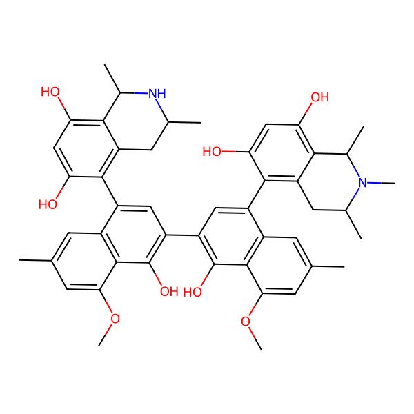2D Structure of 5-[3-[4-(6,8-dihydroxy-1,3-dimethyl-1,2,3,4-tetrahydroisoquinolin-5-yl)-1-hydroxy-8-methoxy-6-methylnaphthalen-2-yl]-4-hydroxy-5-methoxy-7-methylnaphthalen-1-yl]-1,2,3-trimethyl-3,4-dihydro-1H-isoquinoline-6,8-diol