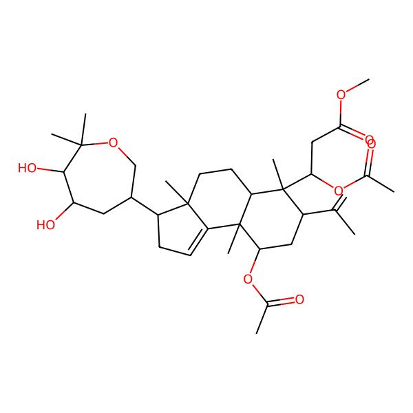 2D Structure of Methyl 3-acetyloxy-3-[9-acetyloxy-3-(5,6-dihydroxy-7,7-dimethyloxepan-3-yl)-3a,6,9a-trimethyl-7-prop-1-en-2-yl-2,3,4,5,5a,7,8,9-octahydrocyclopenta[a]naphthalen-6-yl]propanoate