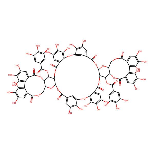2D Structure of [(11R,12S,13R,31R,33S,50R,51S,52R,70R,72S)-4,5,6,18,19,20,23,24,25,38,39,43,44,45,57,58,59,62,63,64,77,78-docosahydroxy-9,15,28,35,48,54,67,74-octaoxo-51-(3,4,5-trihydroxybenzoyl)oxy-2,10,14,29,32,34,41,49,53,68,71,73-dodecaoxatridecacyclo[73.3.1.136,40.03,8.011,33.013,31.016,21.022,27.042,47.050,72.052,70.055,60.061,66]octaconta-1(79),3,5,7,16,18,20,22,24,26,36,38,40(80),42,44,46,55,57,59,61,63,65,75,77-tetracosaen-12-yl] 3,4,5-trihydroxybenzoate