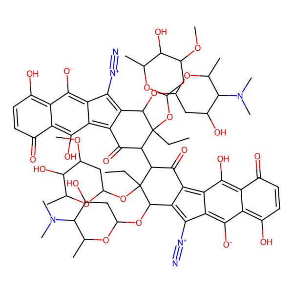 2D Structure of 11-diazonio-3-[11-diazonio-1-[5-(dimethylamino)-4-hydroxy-6-methyloxan-2-yl]oxy-2-ethyl-5,9-dihydroxy-2-(5-hydroxy-4-methoxy-6-methyloxan-2-yl)oxy-10-oxido-4,6-dioxo-1,3-dihydrobenzo[b]fluoren-3-yl]-1-[5-(dimethylamino)-4-hydroxy-6-methyloxan-2-yl]oxy-2-ethyl-5,9-dihydroxy-2-(5-hydroxy-4-methoxy-6-methyloxan-2-yl)oxy-4,6-dioxo-1,3-dihydrobenzo[b]fluoren-10-olate