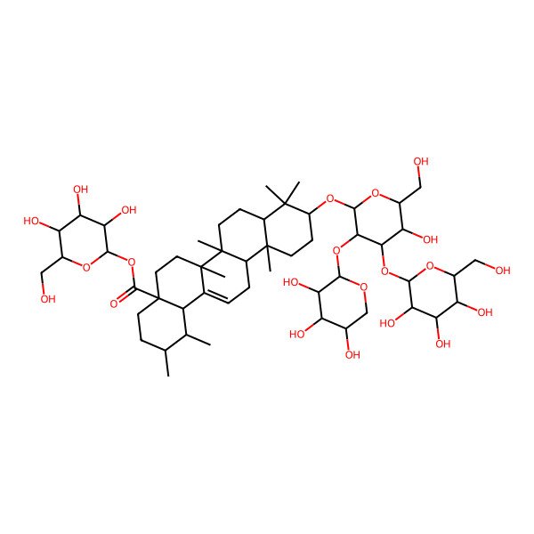 2D Structure of [(2S,3R,4S,5S,6R)-3,4,5-trihydroxy-6-(hydroxymethyl)oxan-2-yl] (1S,2R,4aS,6aR,6aS,6bR,8aR,10S,12aR,14bS)-10-[(2R,3R,4S,5R,6R)-5-hydroxy-6-(hydroxymethyl)-4-[(2S,3R,4S,5S,6R)-3,4,5-trihydroxy-6-(hydroxymethyl)oxan-2-yl]oxy-3-[(2S,3R,4S,5R)-3,4,5-trihydroxyoxan-2-yl]oxyoxan-2-yl]oxy-1,2,6a,6b,9,9,12a-heptamethyl-2,3,4,5,6,6a,7,8,8a,10,11,12,13,14b-tetradecahydro-1H-picene-4a-carboxylate