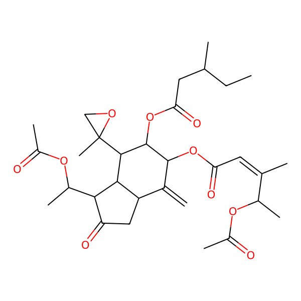 2D Structure of [(1S,3aR,5S,6R,7S,7aR)-1-[(1S)-1-acetyloxyethyl]-4-methylidene-7-[(2S)-2-methyloxiran-2-yl]-6-[(3S)-3-methylpentanoyl]oxy-2-oxo-3,3a,5,6,7,7a-hexahydro-1H-inden-5-yl] (E,4S)-4-acetyloxy-3-methylpent-2-enoate