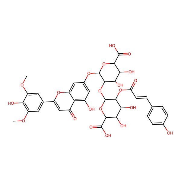 2D Structure of (2S,3S,4S,5R,6S)-5-[(2R,3R,4S,5S,6R)-6-carboxy-4,5-dihydroxy-3-[(E)-3-(4-hydroxyphenyl)prop-2-enoyl]oxyoxan-2-yl]oxy-3,4-dihydroxy-6-[5-hydroxy-2-(4-hydroxy-3,5-dimethoxyphenyl)-4-oxochromen-7-yl]oxyoxane-2-carboxylic acid