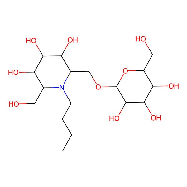 2D Structure of (2R,3R,4S,5S,6R)-1-butyl-2-(hydroxymethyl)-6-[[(2R,3R,4S,5S,6R)-3,4,5-trihydroxy-6-(hydroxymethyl)oxan-2-yl]oxymethyl]piperidine-3,4,5-triol