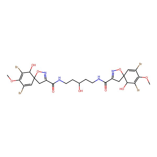 2D Structure of (5S,6R)-7,9-dibromo-N-[5-[[(5S,6R)-7,9-dibromo-6-hydroxy-8-methoxy-1-oxa-2-azaspiro[4.5]deca-2,7,9-triene-3-carbonyl]amino]-3-hydroxypentyl]-6-hydroxy-8-methoxy-1-oxa-2-azaspiro[4.5]deca-2,7,9-triene-3-carboxamide