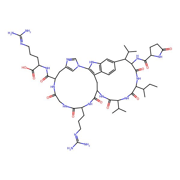 2D Structure of (2R)-2-[[(8S,9S,12R,15R,18R,21S,27R)-12-[(2R)-butan-2-yl]-21-[3-(diaminomethylideneamino)propyl]-10,13,16,19,22,25-hexaoxo-9-[[(2R)-5-oxopyrrolidine-2-carbonyl]amino]-8,15-di(propan-2-yl)-2,11,14,17,20,23,26,30,32-nonazapentacyclo[16.14.2.13,7.129,32.04,33]hexatriaconta-1(33),3,5,7(36),29(35),30-hexaene-27-carbonyl]amino]-5-(diaminomethylideneamino)pentanoic acid