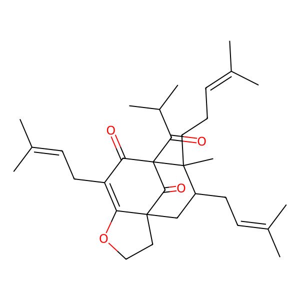 2D Structure of (1S,8R,9R,10S)-9-methyl-6,10-bis(3-methylbut-2-enyl)-9-(4-methylpent-3-enyl)-8-(2-methylpropanoyl)-4-oxatricyclo[6.3.1.01,5]dodec-5-ene-7,12-dione