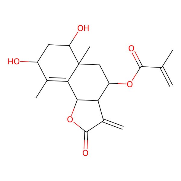 2D Structure of (6,8-dihydroxy-5a,9-dimethyl-3-methylidene-2-oxo-4,5,6,7,8,9b-hexahydro-3aH-benzo[g][1]benzofuran-4-yl) 2-methylprop-2-enoate
