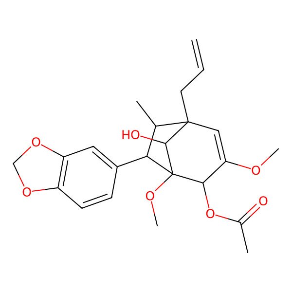 2D Structure of [(1S,2S,5R,6S,7R)-7-(1,3-benzodioxol-5-yl)-8-hydroxy-1,3-dimethoxy-6-methyl-5-prop-2-enyl-2-bicyclo[3.2.1]oct-3-enyl] acetate