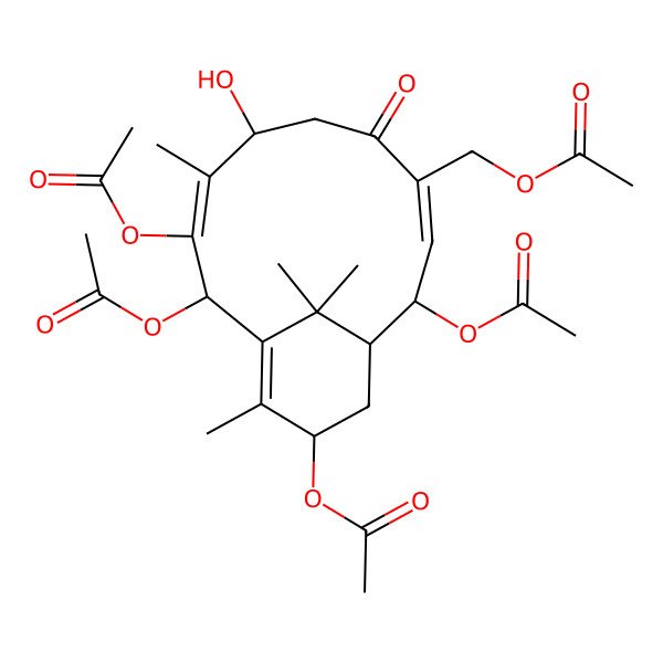2D Structure of (2,9,10,13-Tetraacetyloxy-7-hydroxy-8,12,15,15-tetramethyl-5-oxo-4-bicyclo[9.3.1]pentadeca-3,8,11-trienyl)methyl acetate