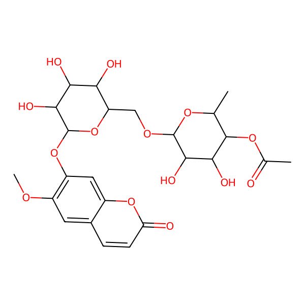 2D Structure of [(2S,3R,4S,5R,6R)-4,5-dihydroxy-2-methyl-6-[[(2R,3S,4S,5R,6S)-3,4,5-trihydroxy-6-(6-methoxy-2-oxochromen-7-yl)oxyoxan-2-yl]methoxy]oxan-3-yl] acetate
