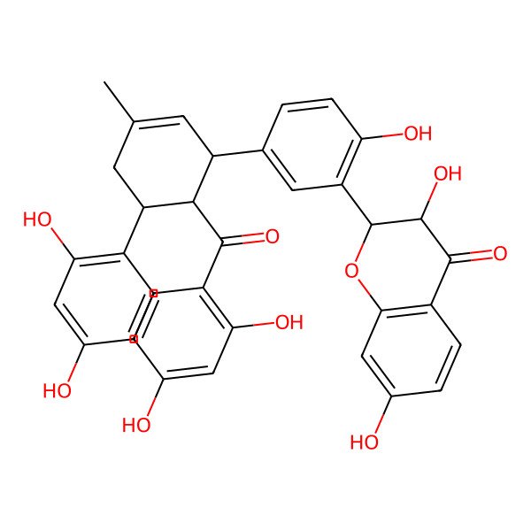 2D Structure of (2R,3R)-2-[5-[(1R,5S,6R)-6-(2,4-dihydroxybenzoyl)-5-(2,4-dihydroxyphenyl)-3-methylcyclohex-2-en-1-yl]-2-hydroxyphenyl]-3,7-dihydroxy-2,3-dihydrochromen-4-one