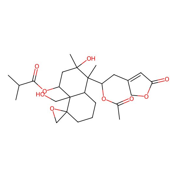 2D Structure of [(1S,3S,4R,4aR,8R,8aR)-4-[(1S)-1-acetyloxy-2-(5-oxo-2H-furan-3-yl)ethyl]-3-hydroxy-8a-(hydroxymethyl)-3,4-dimethylspiro[1,2,4a,5,6,7-hexahydronaphthalene-8,2'-oxirane]-1-yl] 2-methylpropanoate