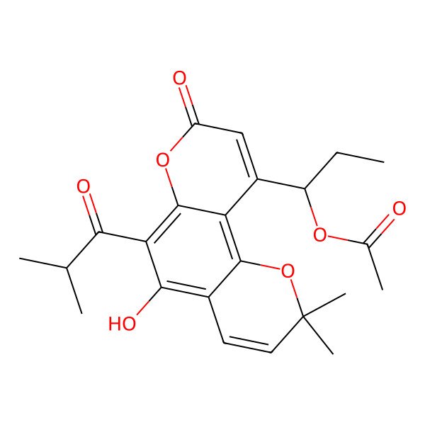 2D Structure of [(1S)-1-[5-hydroxy-2,2-dimethyl-6-(2-methylpropanoyl)-8-oxopyrano[2,3-f]chromen-10-yl]propyl] acetate