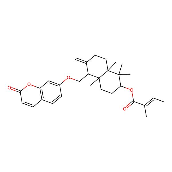 2D Structure of [(2S,4aR,5S,8aR)-1,1,4a,8a-tetramethyl-6-methylidene-5-[(2-oxochromen-7-yl)oxymethyl]-2,3,4,5,7,8-hexahydronaphthalen-2-yl] (Z)-2-methylbut-2-enoate